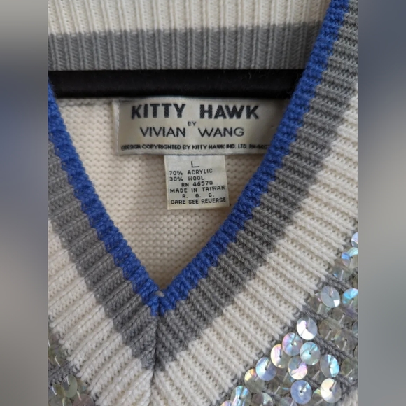 Sequin Kitty Hawk by Vivian Wang beige wool knit v-neck sweater L - Picture 3 of 10